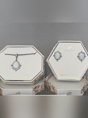 Bomb Party Silver-Tone MilkyWhite Opal Teardrop Pendant Necklace & Stud Earrings